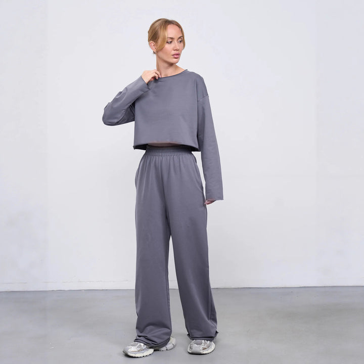 Damen Kurzgeschnittenes Sweatshirt und High-Waist Relax-Jogginghose Set Drune