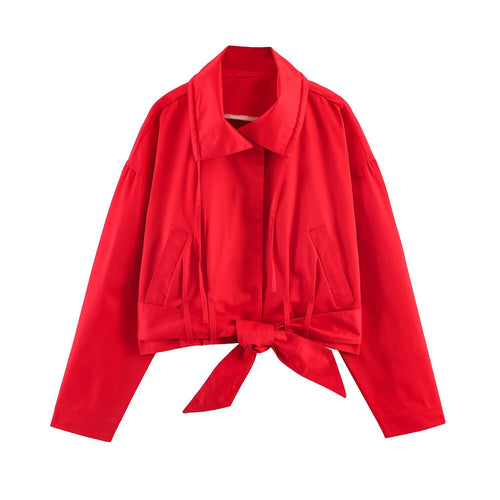Damen Kurzblouson mit Taillengürtel, großem Hemdkragen und Kordelzug Drune