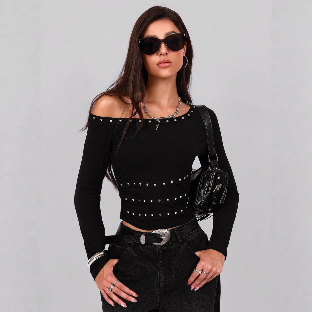 Damen nan asymmetrisches schulterfreies Langarmshirt mit Nietenbesatz und tailliertem Schnitt Drune