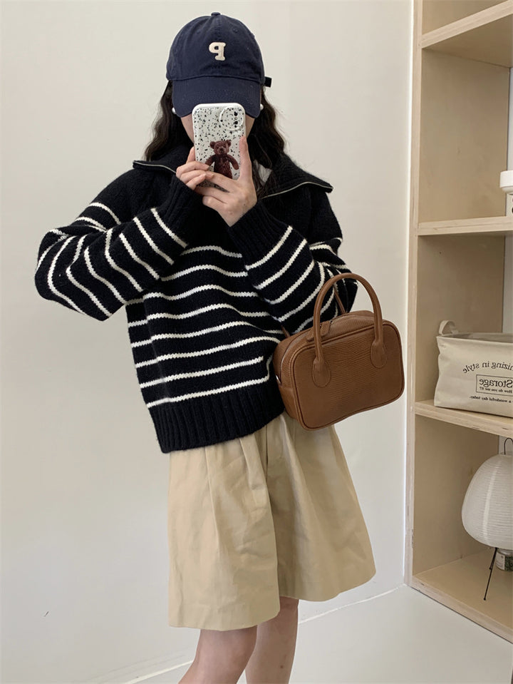 Damen Lässiger Pullover mit gestreiftem Design und halbem Reißverschluss Drune