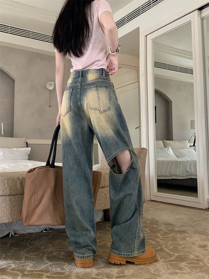 Damen Weite Denim-Hose mit asymmetrischen Knöpfen Drune