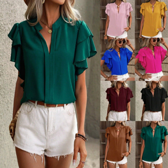 Damen Chiffonbluse mit Volantärmeln und verdeckter Knopfleiste Drune