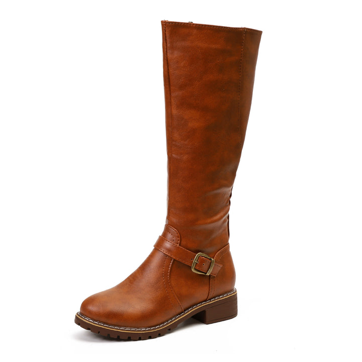 Damen Kniehohe Vintage-Bikerstiefel mit Blockabsatz und Zierspange Drune