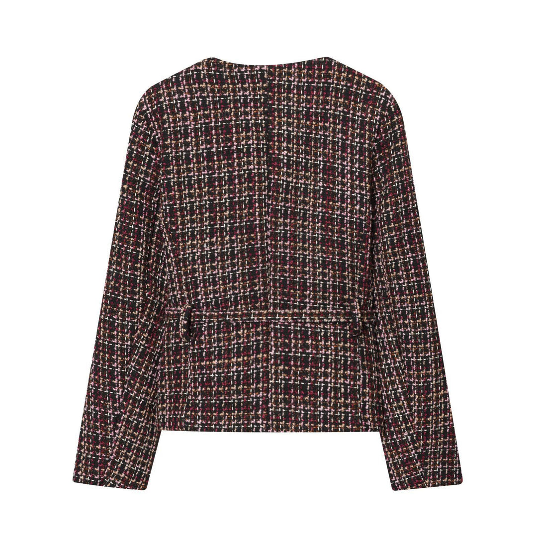 Damen Elegante Tweedjacke mit dekorativen Knöpfen und abnehmbaren Taillengürtel Drune