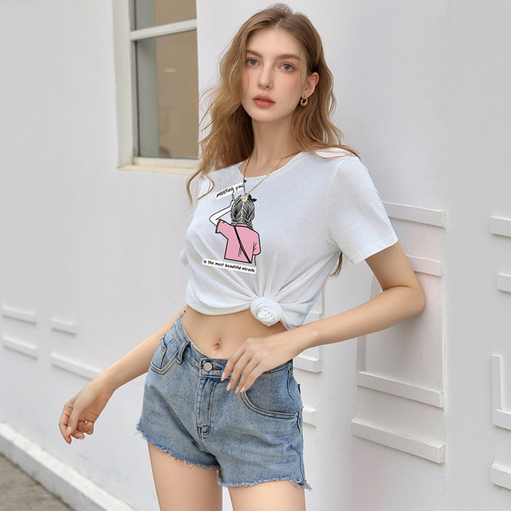 Damen lässiges Crop-Top mit kreativem Druck und Knoten-Detail Drune