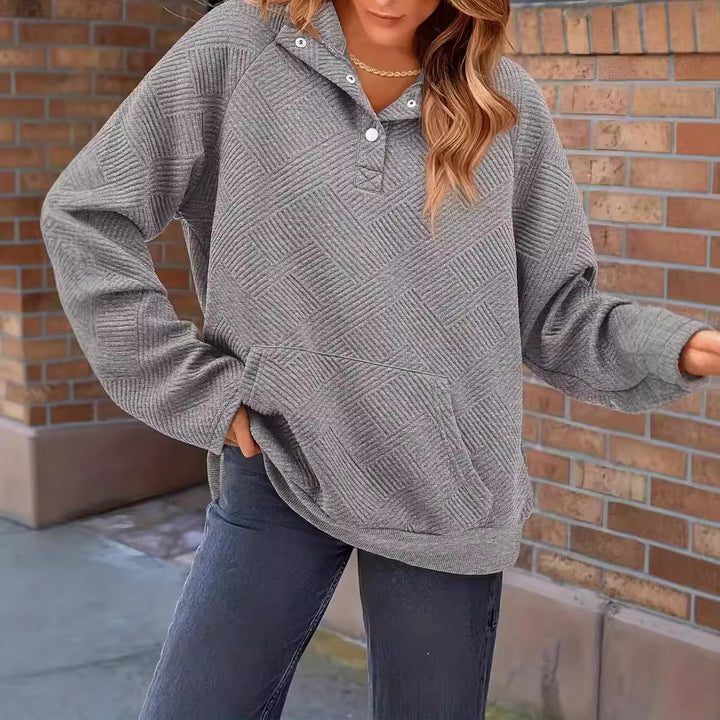 Damen Texturierter Oversize-Hoodie mit Henley-Knopfleiste und Kängurutasche Drune