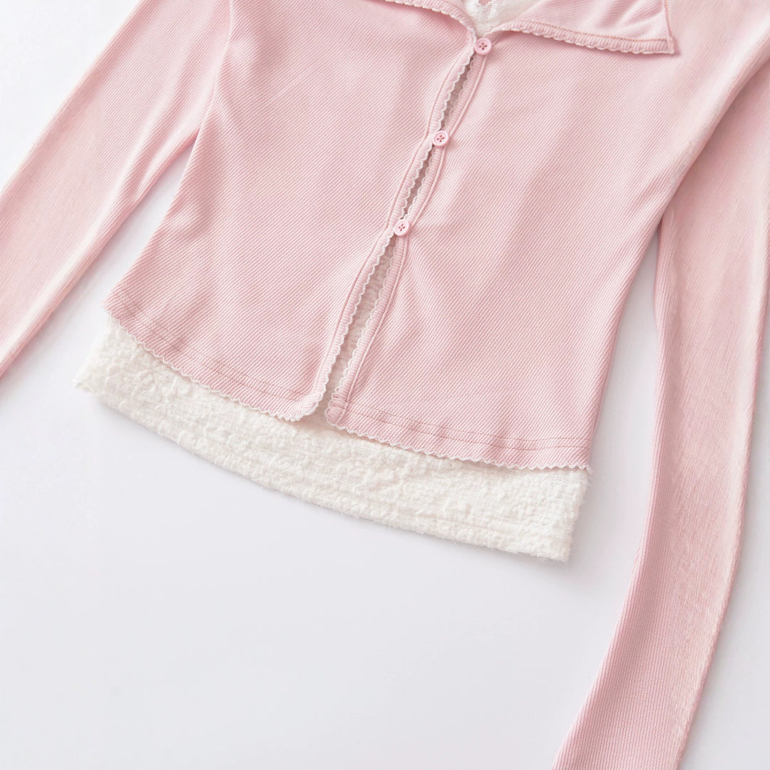 Damen Taillierter Buttoncardigan mit Spitzenbesatz und ausgestellten Ärmeln Drune