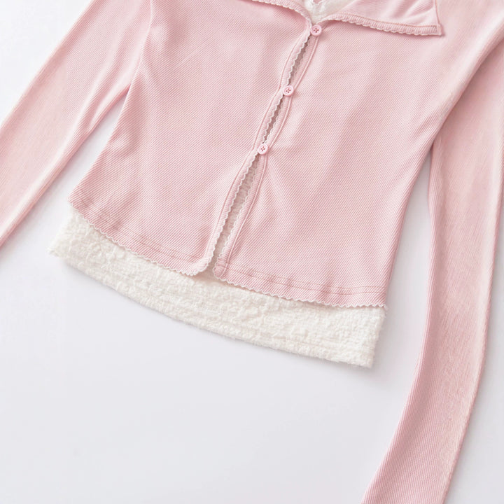 Damen Taillierter Buttoncardigan mit Spitzenbesatz und ausgestellten Ärmeln Drune