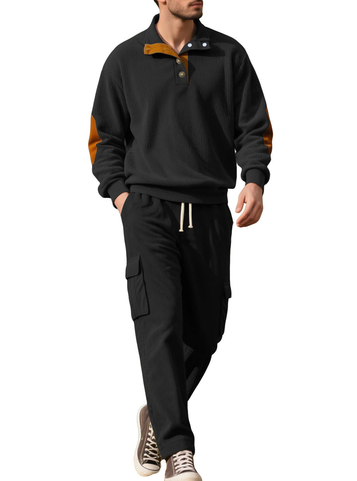 Herren nan strukturierter Troyer-Pullover mit Stehkragen Druckknopfleiste und Velours-Ellenbogenpatch Drune