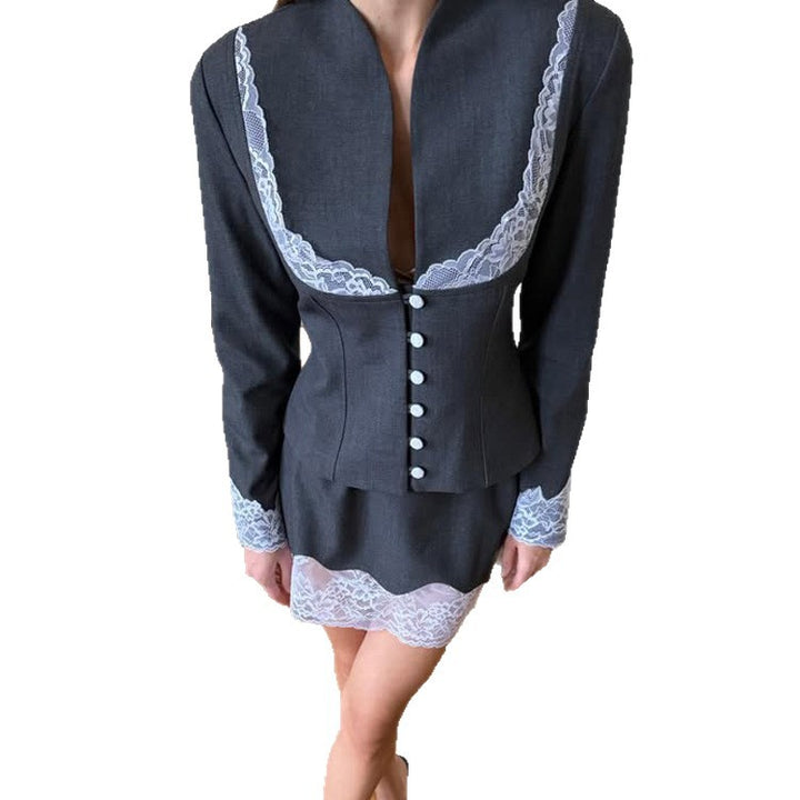 Damen Tailliertes Blazer- und Minirock-Set mit Spitzenbesatz Drune