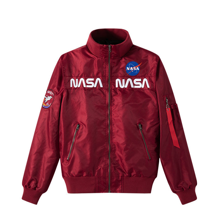 Men's  retro space-logo nylon zip bomber with angled zip pockets and utility sleeve tab Drune