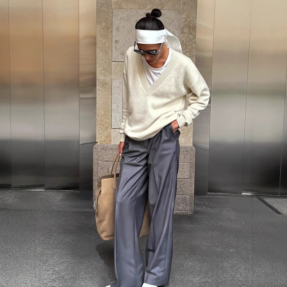 Damen Oversize V-Ausschnitt Pullover aus Kaschmir-Mix mit geripptem Saum Drune