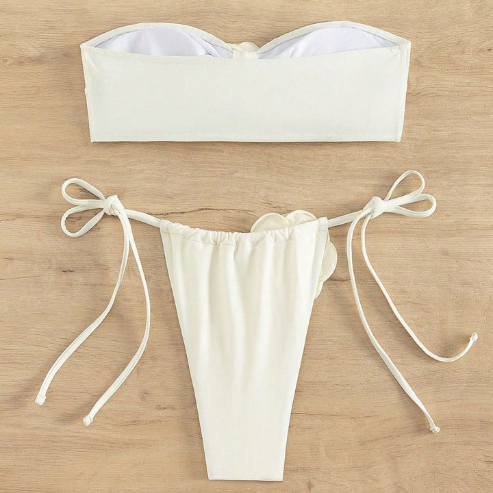 Damen Bandeau-Bikini mit dekorativen Blumenapplikationen Drune