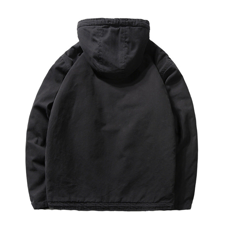 Herren Baumwoll-Canvas Kapuzenblouson mit durchgehendem Teddyfutter, verdeckter Knopf- und Reißverschlussleiste und Innentasche Drune