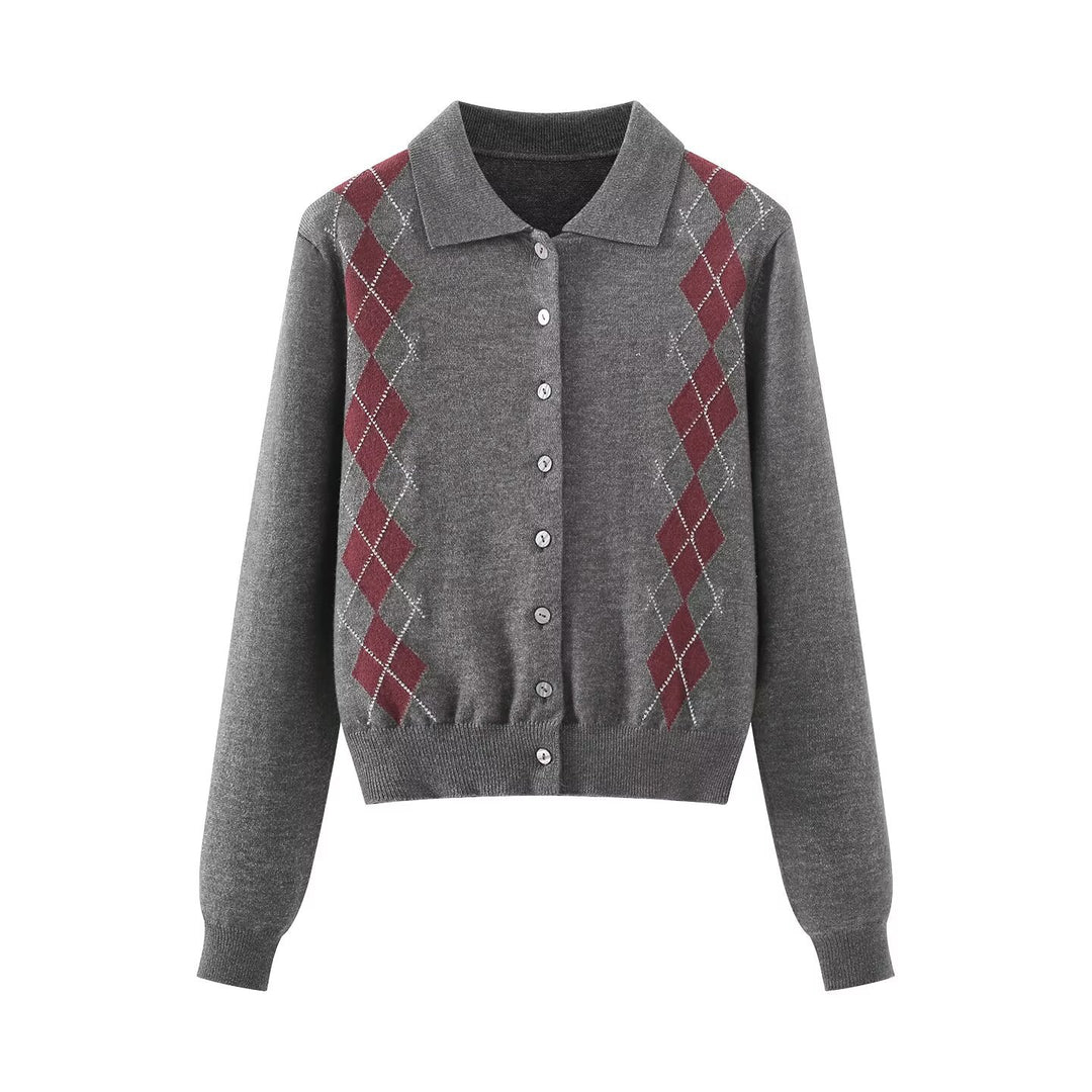 Damen Feinstrick-Cardigan mit Argyle‑Muster, Polokragen und tailliertem Cropped‑Schnitt Drune