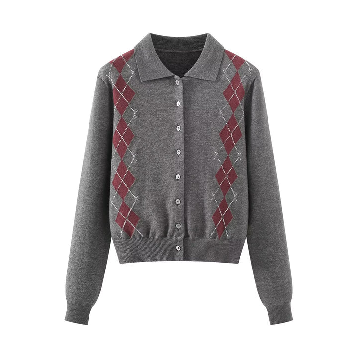 Damen Feinstrick-Cardigan mit Argyle‑Muster, Polokragen und tailliertem Cropped‑Schnitt Drune