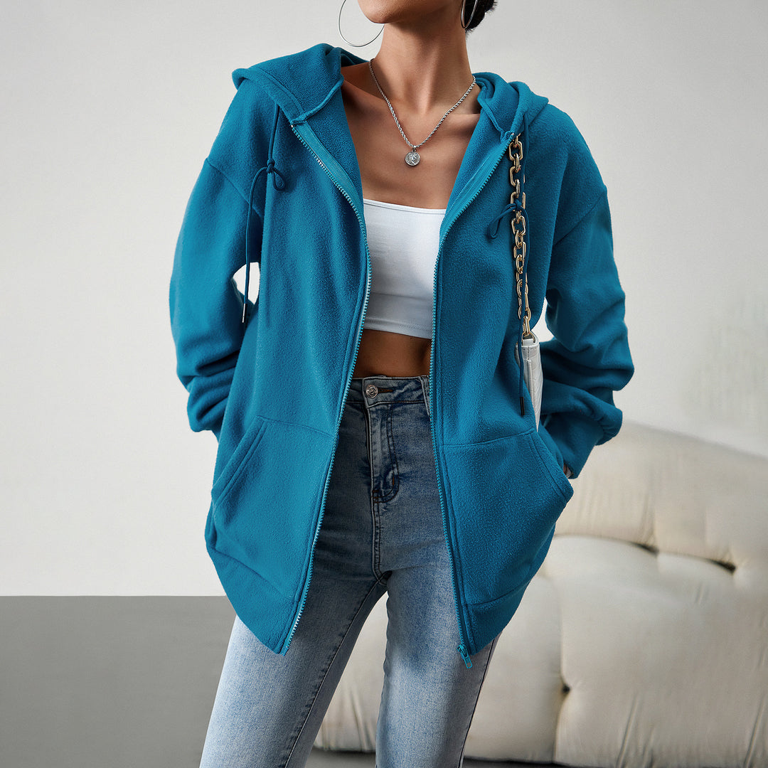 Damen nan kuscheliger Teddy-Fleece Zip-Hoodie mit Kapuze, tiefer Schulterpassform und Kängurutaschen Drune