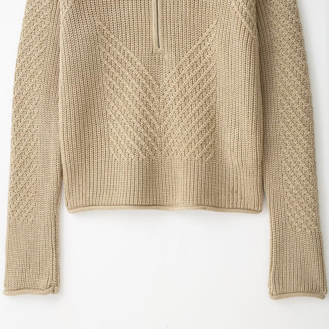 Damen Grobstrick-Pullover mit halbem Reißverschluss und hohem Stehkragen Drune