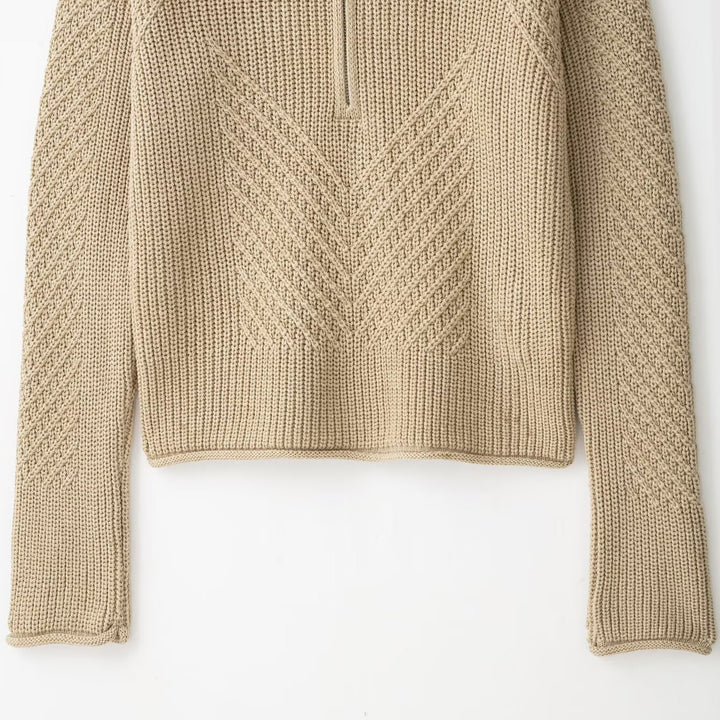 Damen Grobstrick-Pullover mit halbem Reißverschluss und hohem Stehkragen Drune