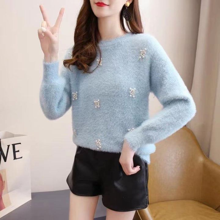 Damen weicher Pullover mit eleganten Perlenapplikationen Drune