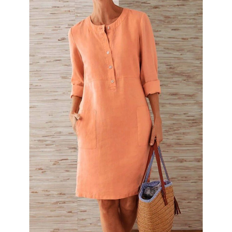Damen Locker geschnittenes Leinenoptik-Kleid mit dreiviertel-Ärmeln, Knopfleiste und Eingrifftaschen Drune