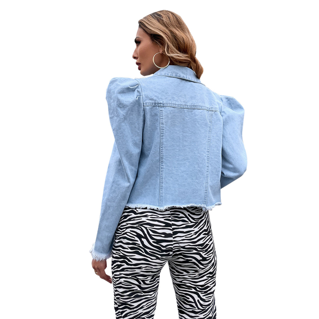 Damen stylische Jeansjacke mit puffigen Ärmeln und dekorativen Knopfdetails Drune