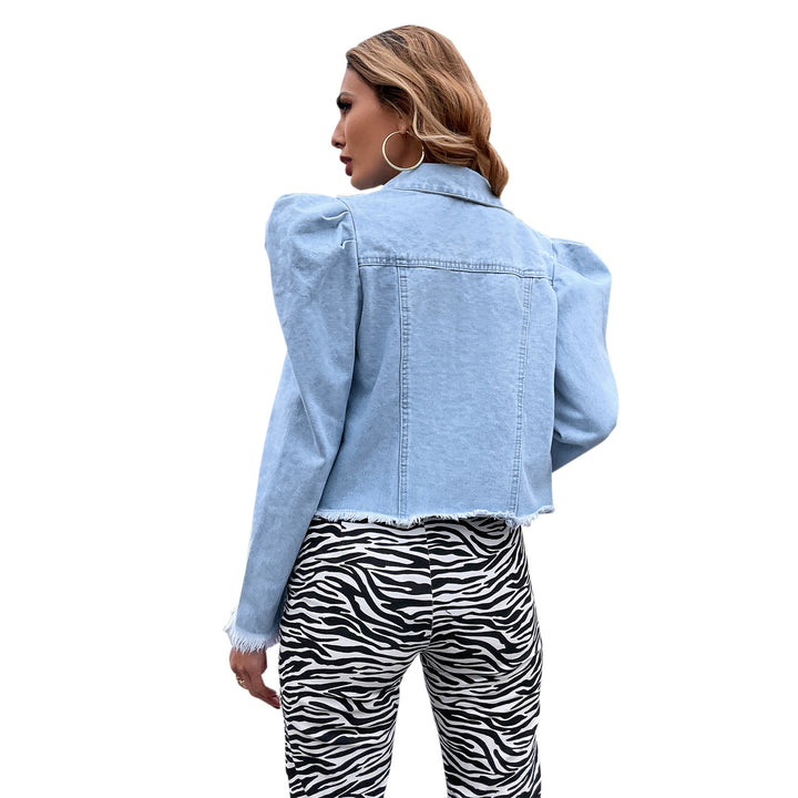 Damen stylische Jeansjacke mit puffigen Ärmeln und dekorativen Knopfdetails Drune