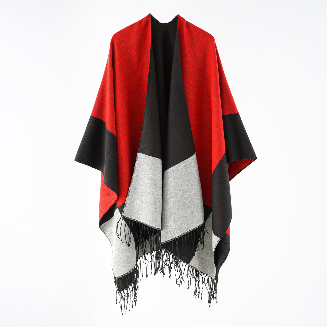 Damen eleganter Wollmix-Capeponcho mit grafischem Blockmuster und Fransen Drune