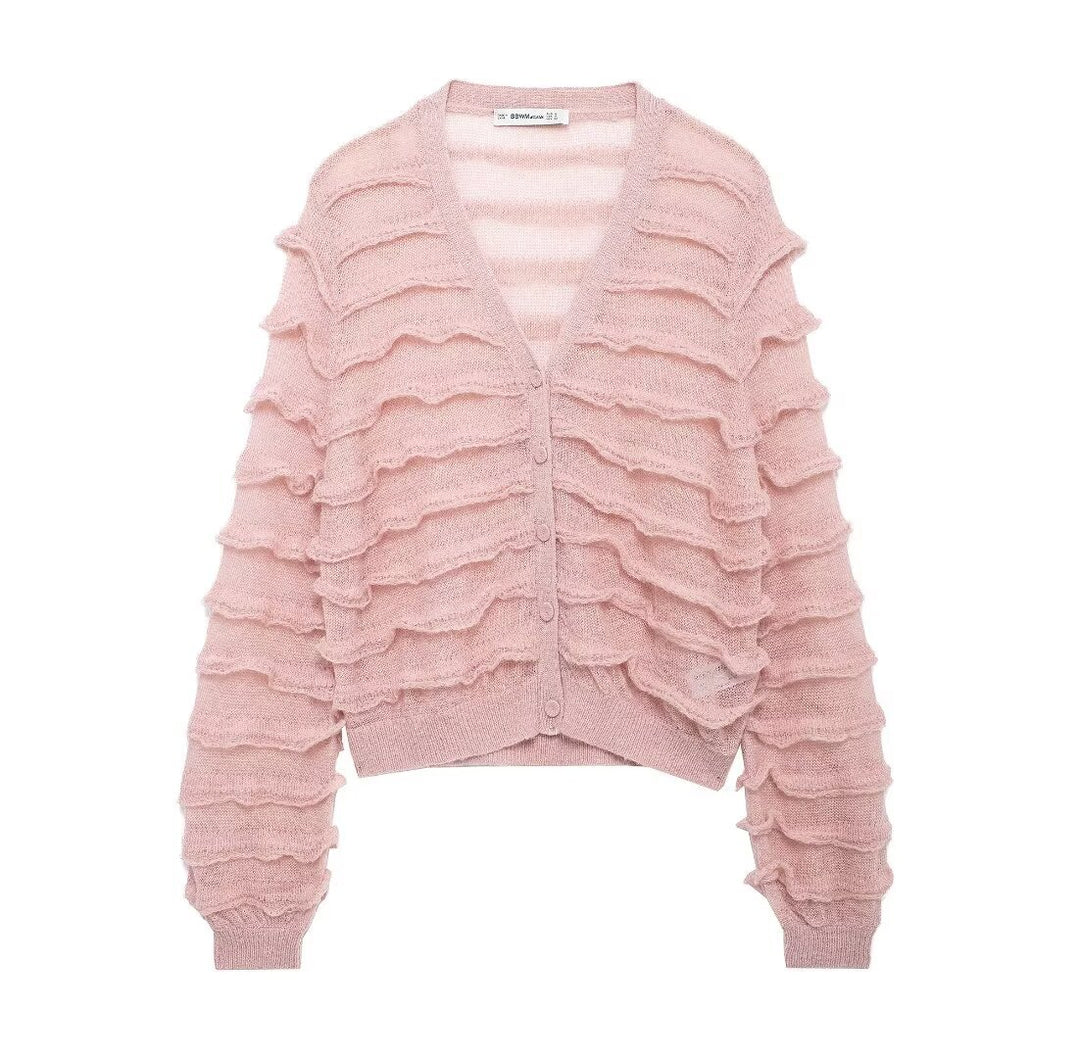 Damen Strickjacke mit voluminösen Rüschendetails Drune
