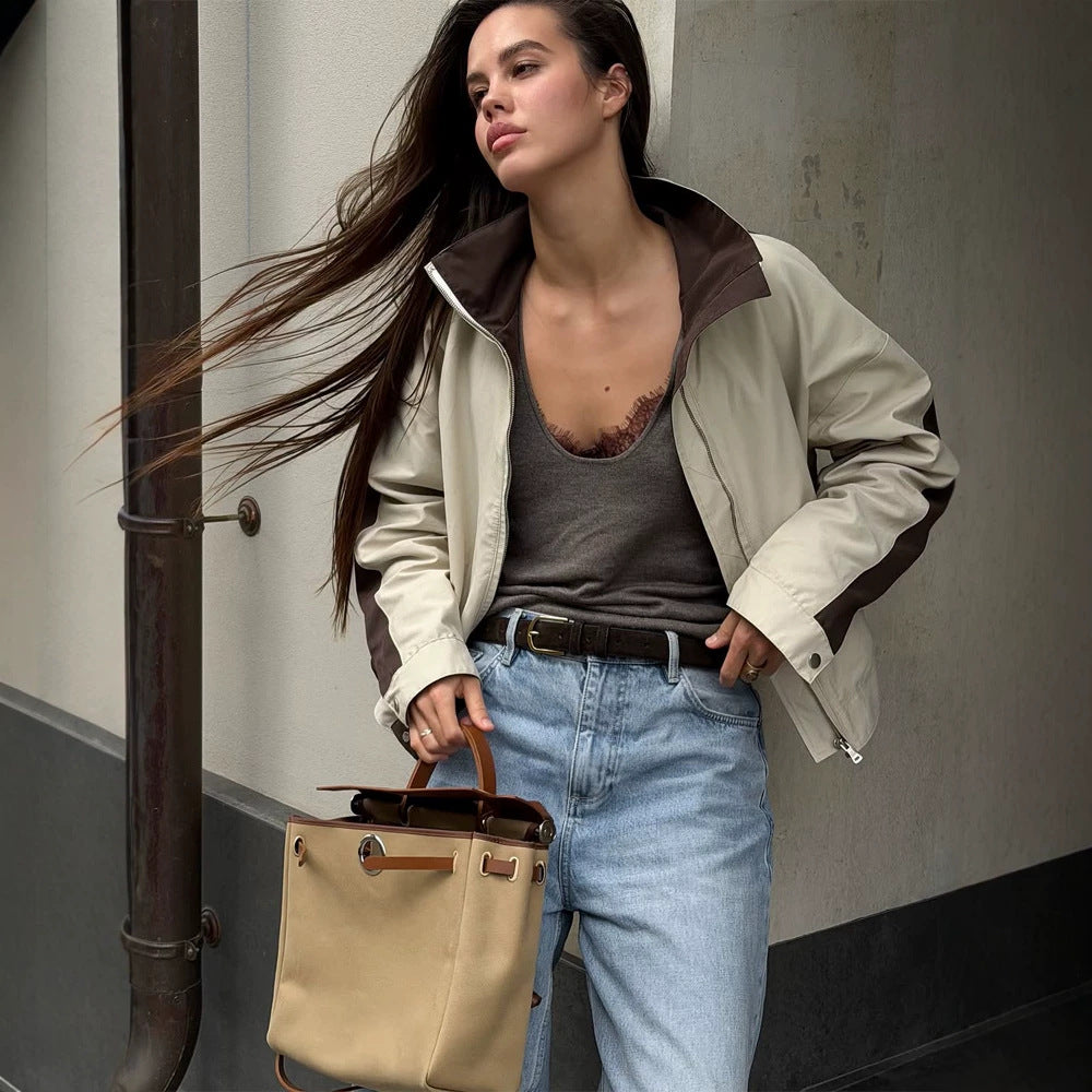 Damen Leichte Bomberjacke im Colorblock‑Stil mit hohem Stehkragen Drune