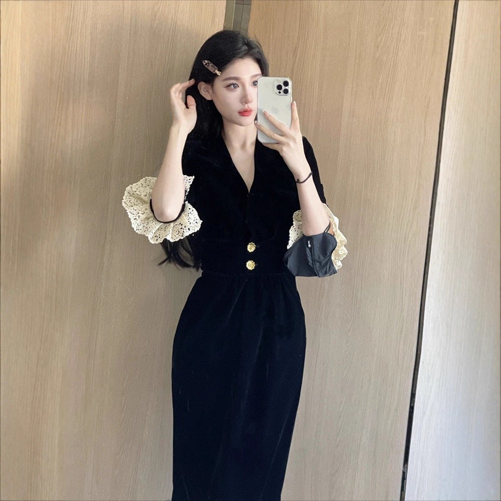 Damen elegantes Kleid mit Spitzenärmeln und dekorativen Knöpfen Drune