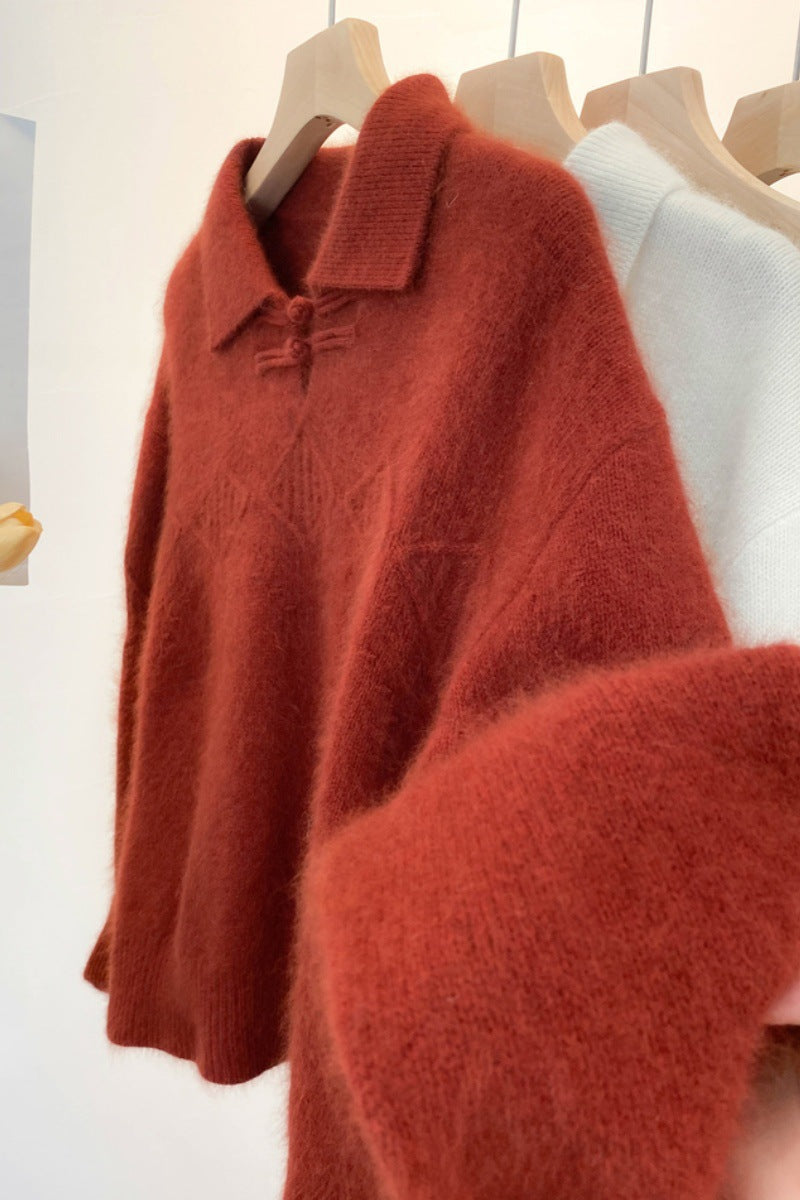 Damen Polokragen-Pullover im Mohair‑Look mit Ajour‑Zopfmuster, überschnittener Schulter und weiter Silhouette Drune