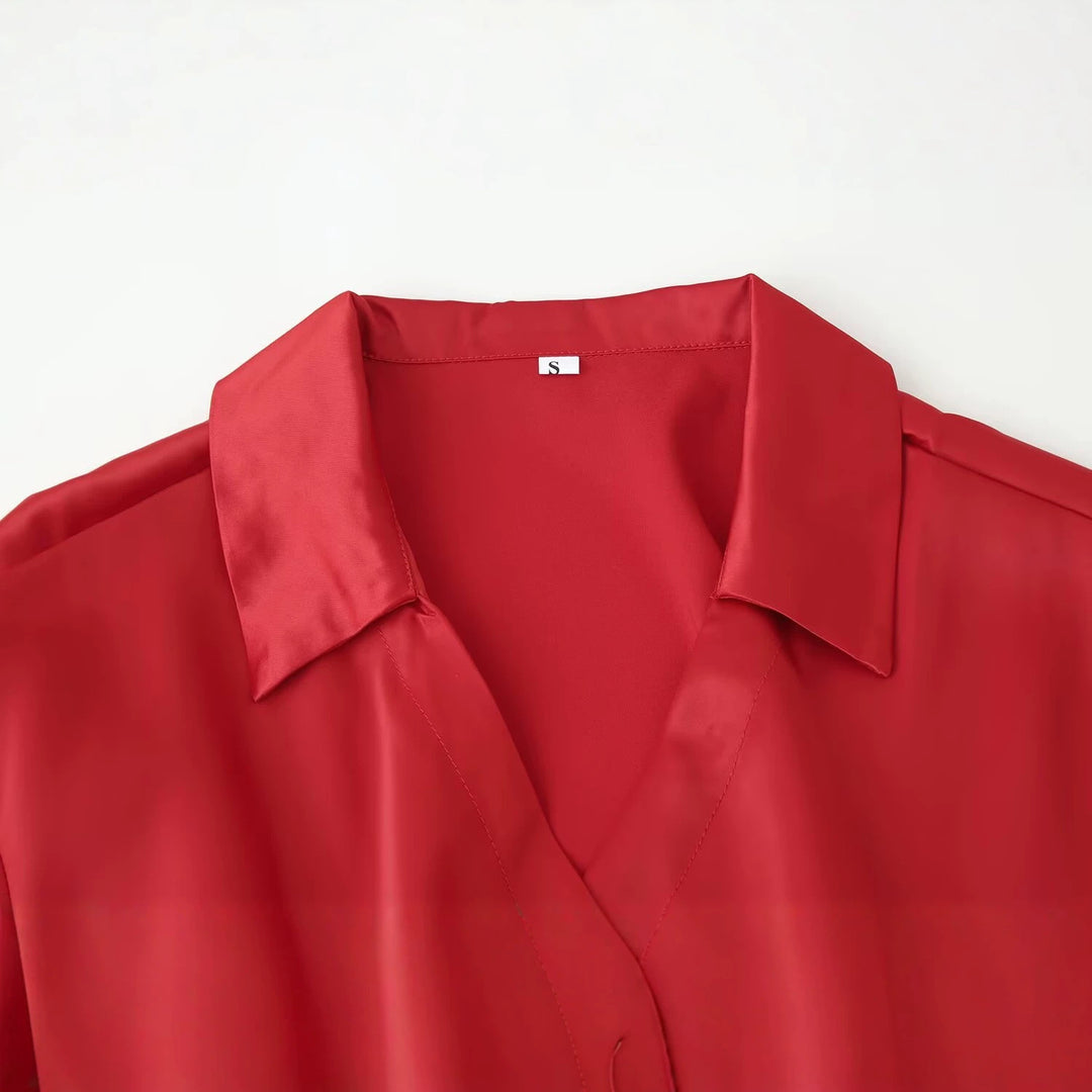 Damen Bluse mit Taillengürtel, V-Ausschnitt und langen Ärmeln Drune