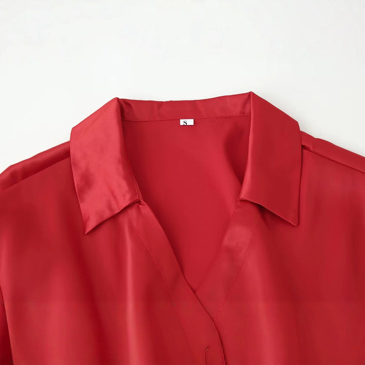 Damen Bluse mit Taillengürtel, V-Ausschnitt und langen Ärmeln Drune