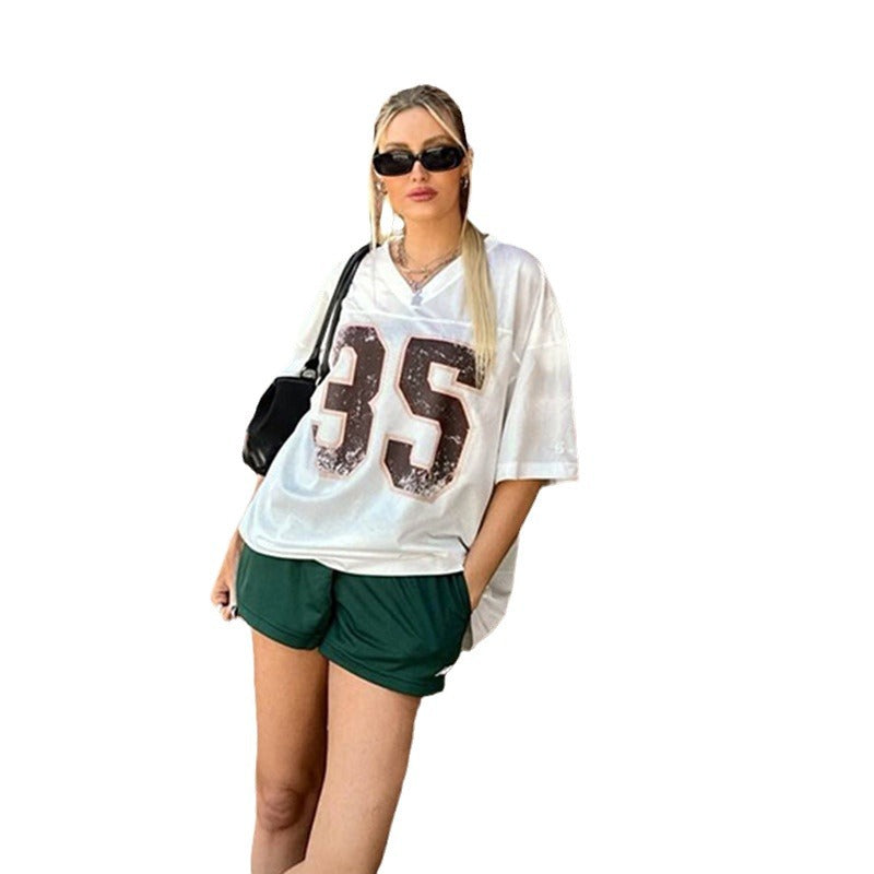 Damen sportliches Football-Trikot mit klassischem V-Ausschnitt und großen Druckzahlen Drune