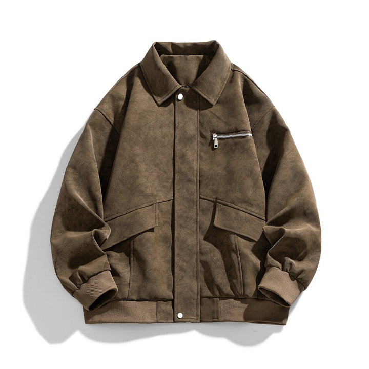 Herren Oversize Bomberjacke im Veloursleder‑Look mit Brustreißverschluss & Pattentaschen Drune