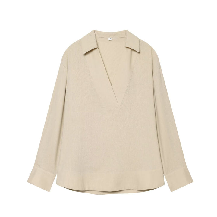 Damen Locker sitzende V‑Tunika‑Bluse mit Kentkragen und breiten Manschetten Drune