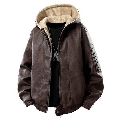 Herren Kunstleder-Bomberjacke mit Teddyfutter, Kapuze und Utility-Ärmeltasche Drune