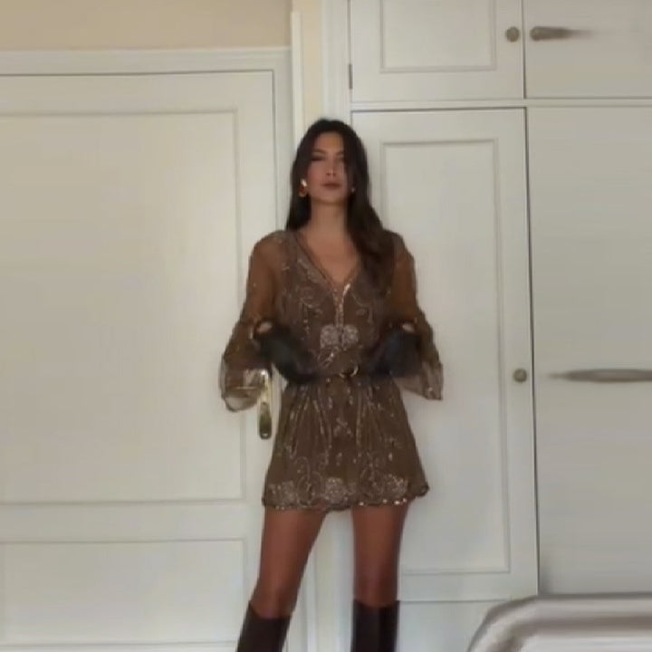 Damen funkelndes Cocktailkleid mit elegantem Spitzenbesatz Drune