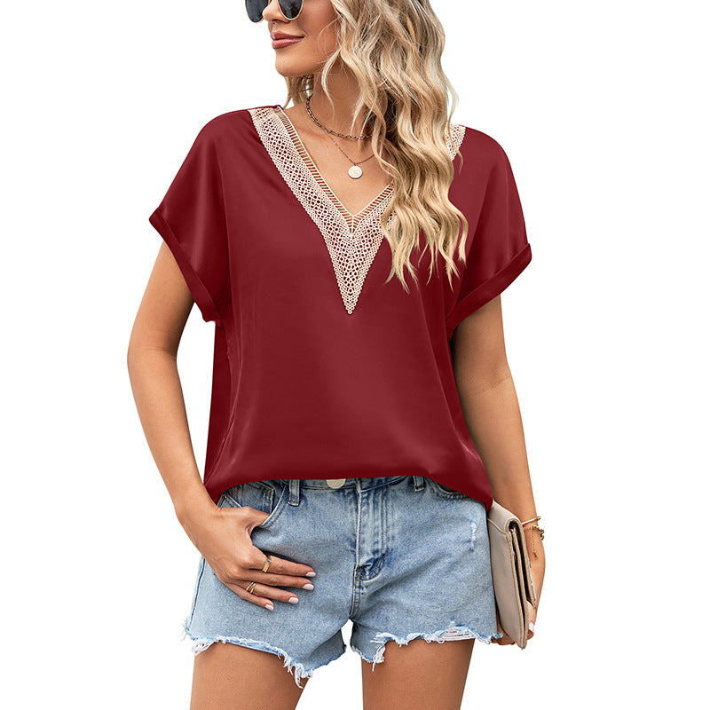 Damen Bluse mit tiefem V-Ausschnitt und Häkelakzenten Drune