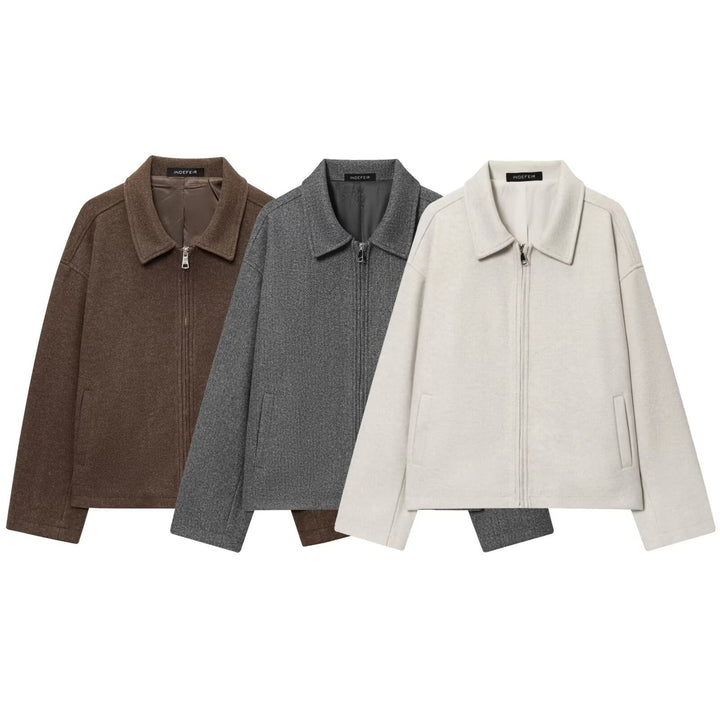 Damen Boxy Wollmix-Blousonjacke mit Reißverschluss und Hemdkragen Drune
