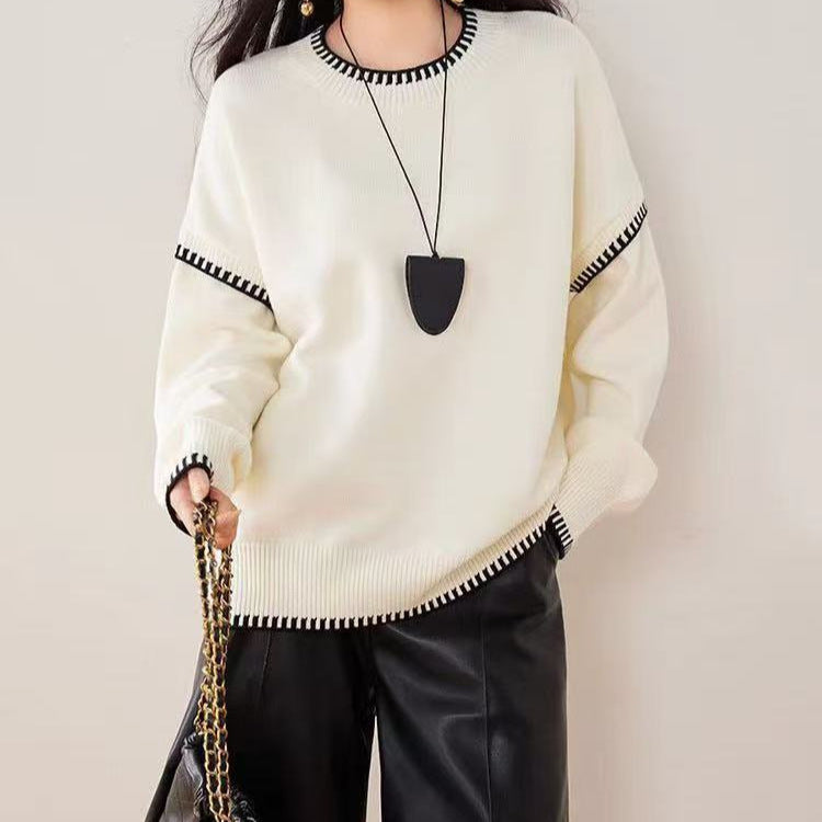 Damen lässiger Strickpullover mit kontrastierendem Saum und weichen Ärmeln Drune
