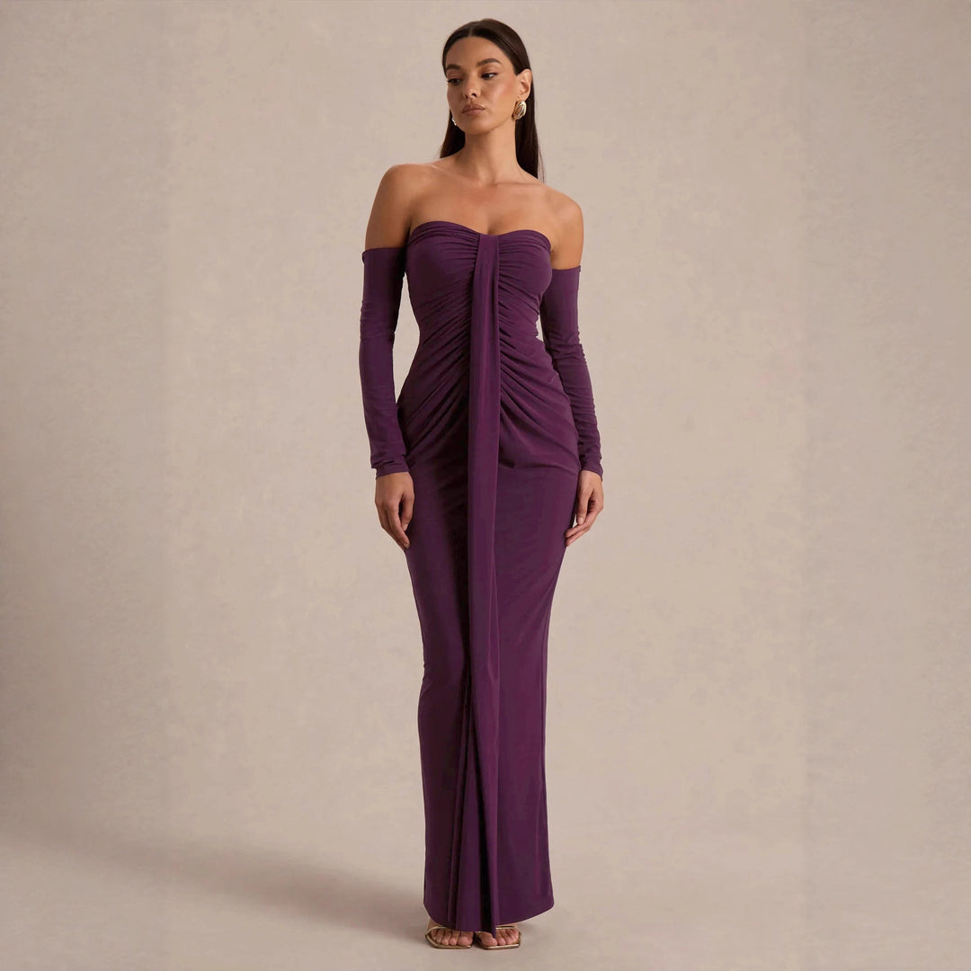 Damen trägerloses Abendkleid mit langen Ärmeln und raffinierten Rüschendetails Drune