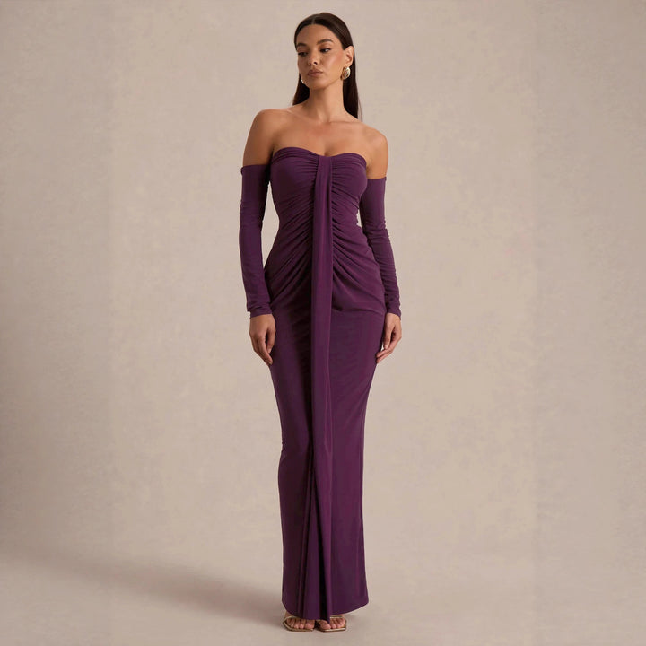 Damen trägerloses Abendkleid mit langen Ärmeln und raffinierten Rüschendetails Drune