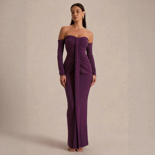Damen trägerloses Abendkleid mit langen Ärmeln und raffinierten Rüschendetails Drune