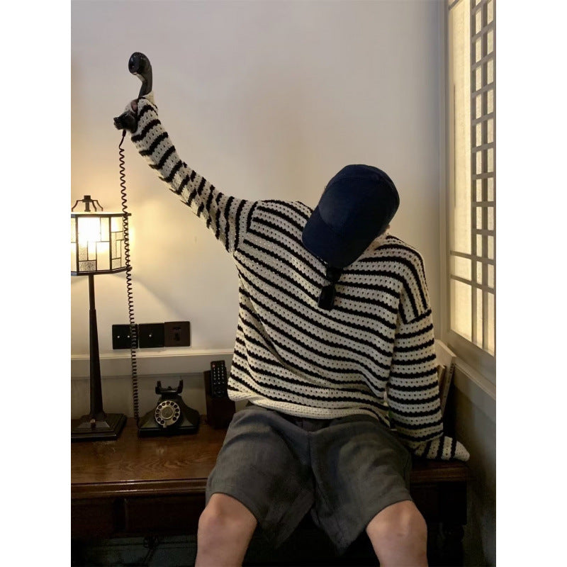Unisex Grobgestrickter Oversized Ajour-Pullover mit Streifenmuster und V-Ausschnitt Drune