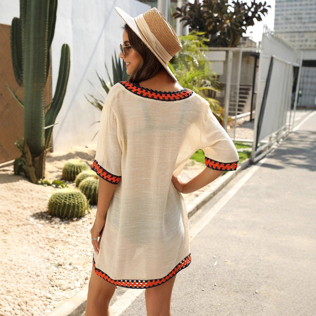 Damen luftiger Kaftan mit buntem Häkelbesatz Drune