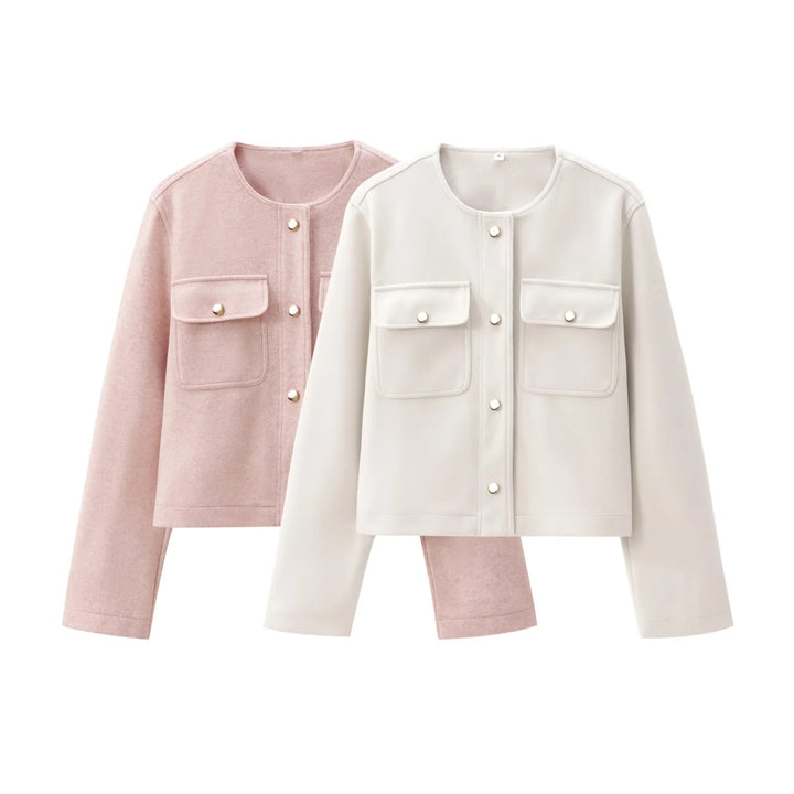 Damen nan kurz geschnittene Overshirt-Jacke mit Rundhals, Druckknopfleiste und aufgesetzten Pattentaschen Drune