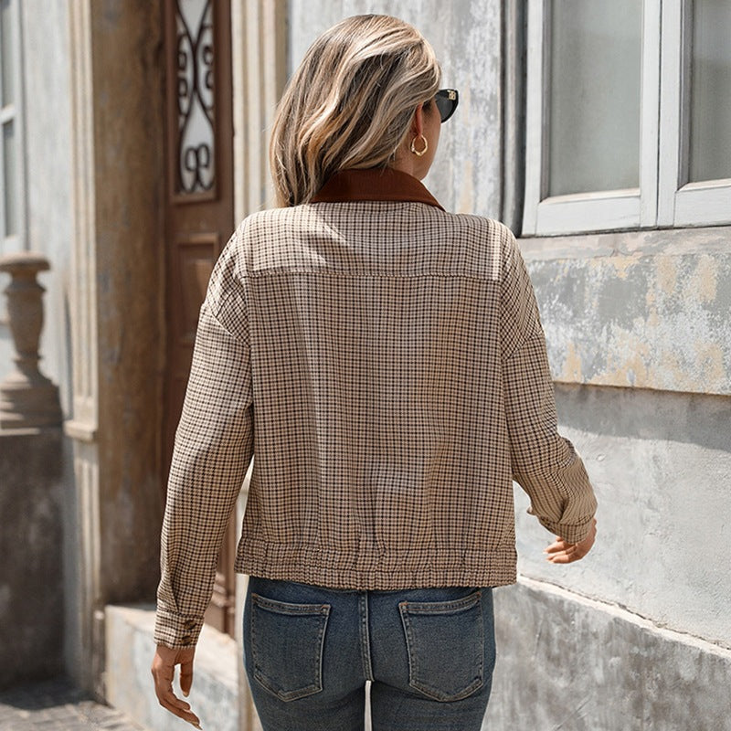 Damen Karierte Kurzjacke mit Reißverschluss, kontrastierendem Hemdkragen und Relaxed‑Fit Drune