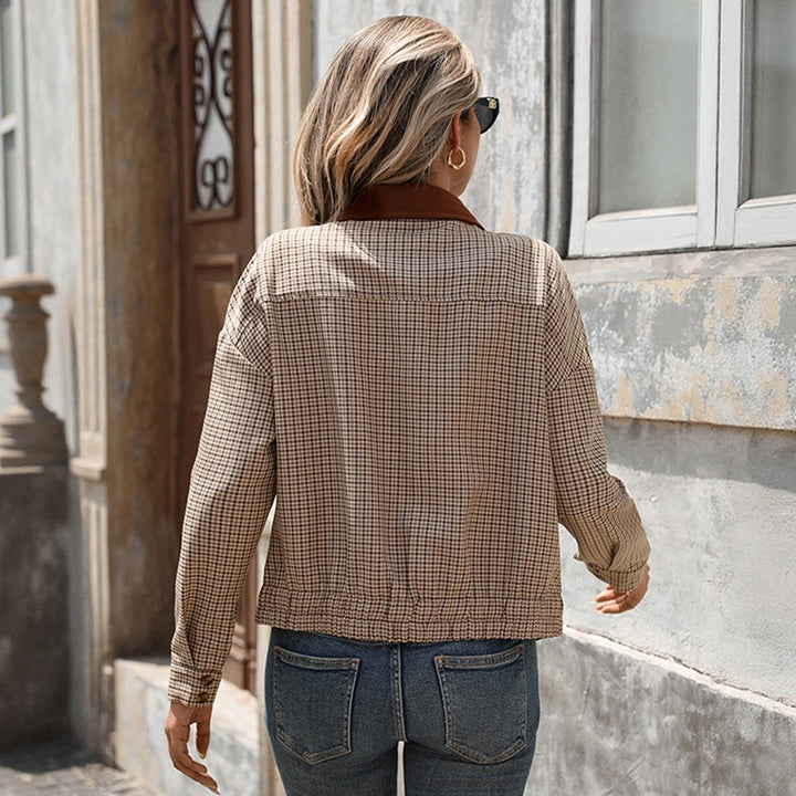 Damen Karierte Kurzjacke mit Reißverschluss, kontrastierendem Hemdkragen und Relaxed‑Fit Drune